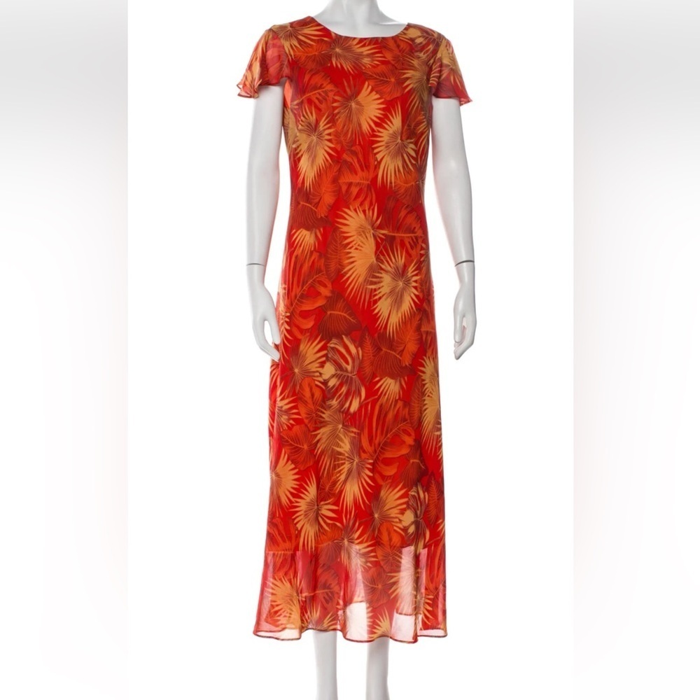 Mary McFadden Vintage Vibrant Red and Orange Leaf Maxi Dress Size 16 K-4